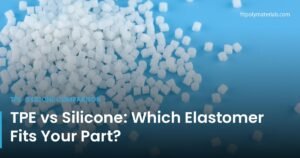 White TPE pellets on a light blue studio background — cover illustration for the FitPoly guide comparing TPE and silicone elastomers