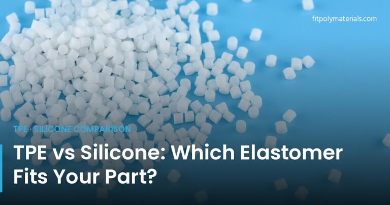 White TPE pellets on a light blue studio background — cover illustration for the FitPoly guide comparing TPE and silicone elastomers