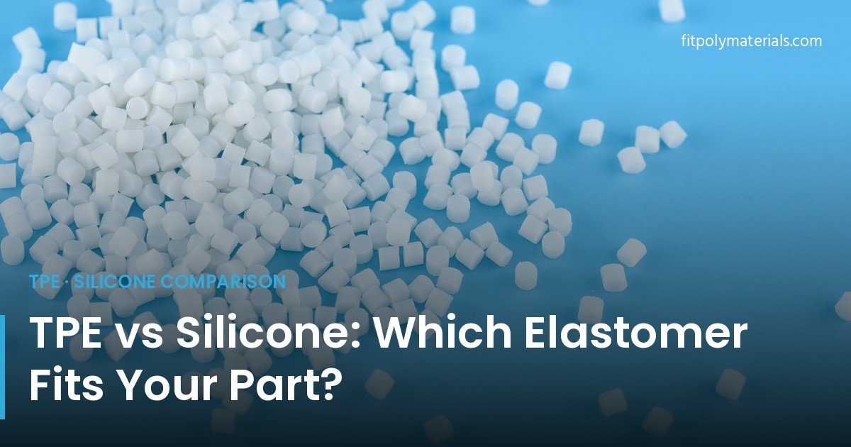 White TPE pellets on a light blue studio background — cover illustration for the FitPoly guide comparing TPE and silicone elastomers